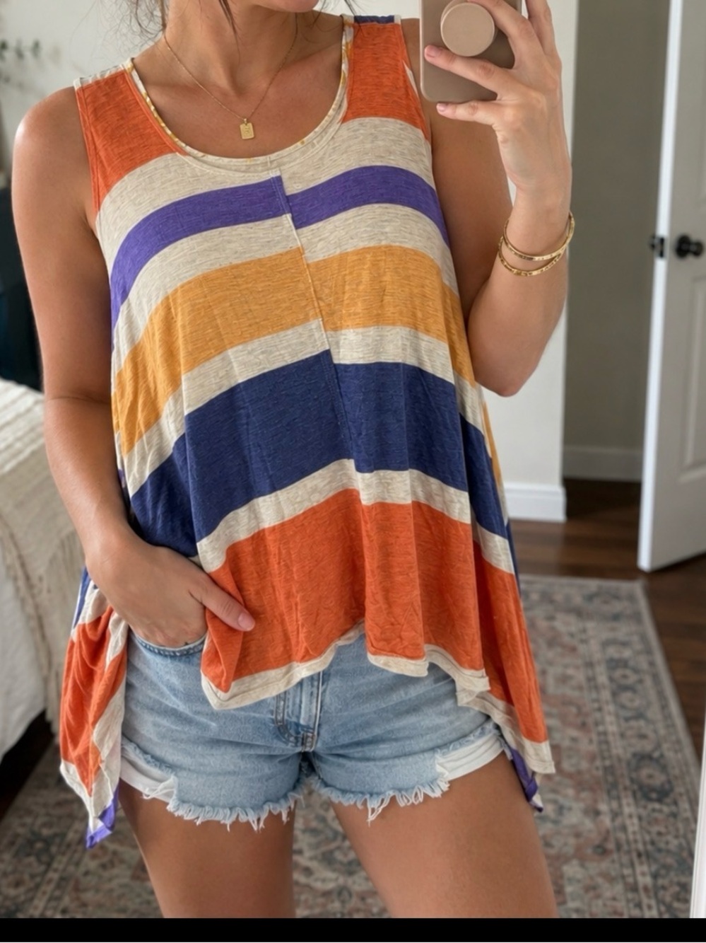 Striped Sleeveless Tunic - Orange, Blue, Purple, Cream